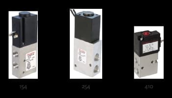 Three Humphrey solenoid valves for oxygen concentrators: models 154, 254, and 410, shown side by side