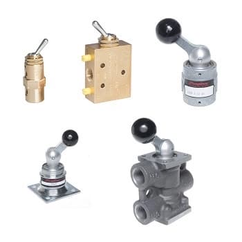 Assortment of detented lever-operated manual pneumatic valves in brass and aluminum, various sizes and port configurations