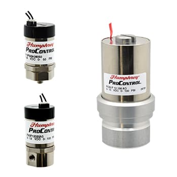 Humphrey ProControl small 2-port proportional solenoid valves, multiple sizes shown, stainless steel bodies with label markings
