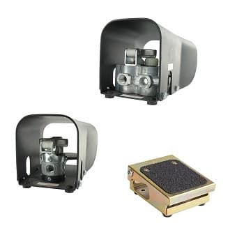 Foot-operated pneumatic valves shown in two protective guard configurations and one low-profile foot pedal valve with grip surface.