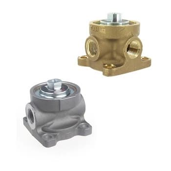 Brass and aluminum large 2 & 3-way air piloted valves with threaded ports and flange-mount base