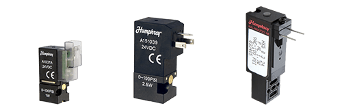 Three Humphrey MVS miniature valve sensors in different configurations, showing compact rectangular housings with electrical connections.