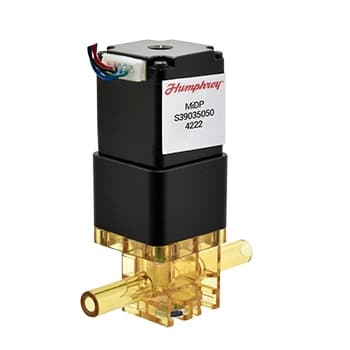 Humphrey MiDP390 inert proportional solenoid valve with black actuator body and clear brass manifold base with barb fittings