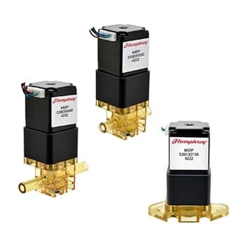 Humphrey MiDP S390/S391 series inert proportional solenoid valves, three sizes shown with black bodies and clear yellow bases.