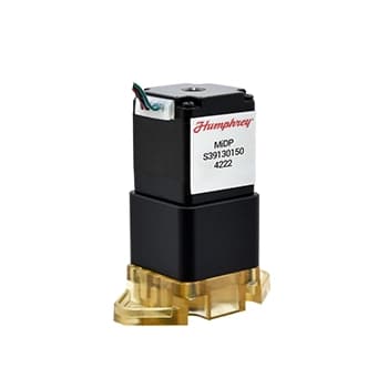Humphrey MiDP series inert proportional solenoid valve with brass body and black solenoid coil, model S39130150