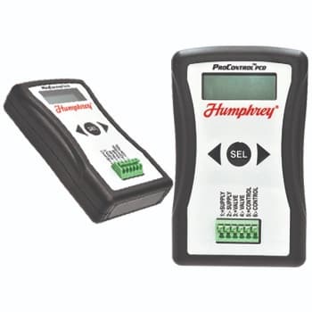 Humphrey ProControl PCD proportional valve driver unit shown from front and side angles with LCD display and terminal connectors