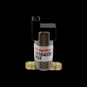 Humphrey iDP 101 Series inert solenoid valve, 10mm body with black DIN connector and gold-tinted base ports