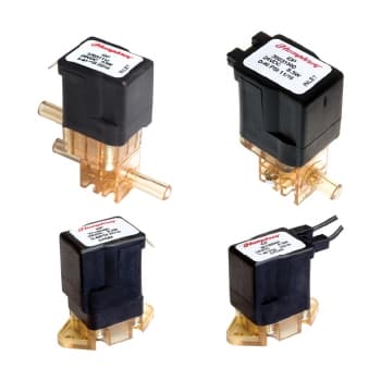 Humphrey IDP 350-370 inert solenoid valves, four configurations shown with black coils and clear brass bodies