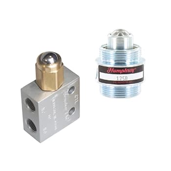 Humphrey roller ball operated mechanical valves: brass block valve and threaded inline valve with steel ball actuators