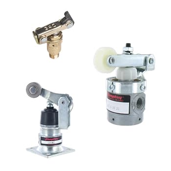 Three Humphrey roller cam operated mechanical valves including brass, metal, and panel-mount styles