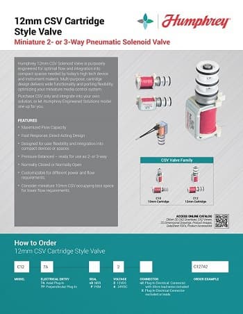 Humphrey 12mm CSV cartridge style miniature solenoid valve product sheet with ordering guide and valve family diagram.