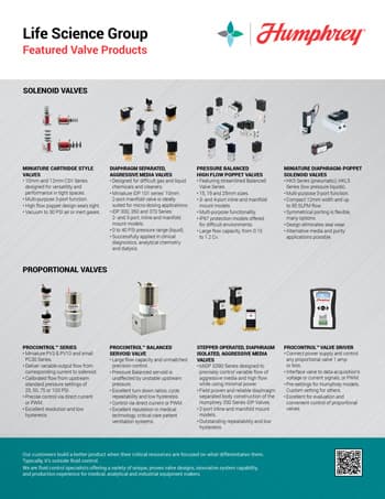 Humphrey Life Science Group featured valve products line card showing solenoid and proportional valves with descriptions and product images.