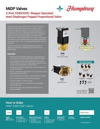 Humphrey MiDP S390/S391 proportional valve spec sheet showing product features, ordering guide, and valve family images