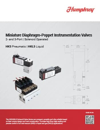 Humphrey HK5/HKL5 miniature diaphragm-poppet solenoid valve series brochure cover showing 2- and 3-port valve configurations