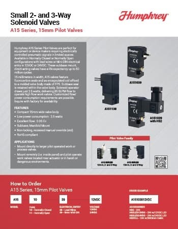 Humphrey A15 Series 15mm pilot valve solenoid valves product brochure showing 2- and 3-way valve models and ordering guide
