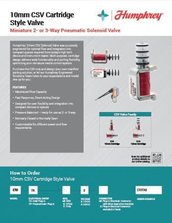 10mm CSV cartridge style valve spec sheet showing miniature 2- or 3-way pneumatic solenoid valve features and ordering guide