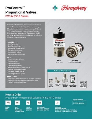 Humphrey ProControl PV3 & PV10 Series proportional valve product spec sheet with valve images and ordering guide