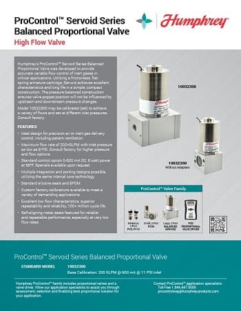 Humphrey ProControl Servoid Series Balanced Proportional Valve product brochure featuring model 10032300 high flow valve