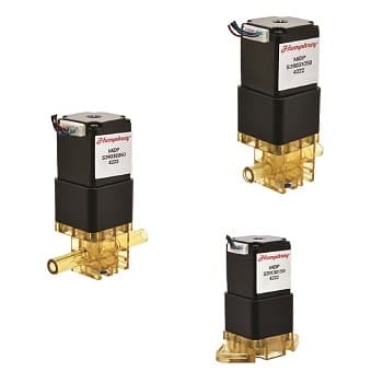 Humphrey MIDP series proportional solenoid valves with brass bodies, shown in three orientations and port configurations