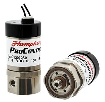 Humphrey ProControl PV3P proportional valve, compact cylindrical body with wired solenoid top, shown upright and angled views.