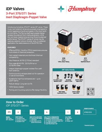 Humphrey iDP 370/371 Series 3-port inert diaphragm-poppet valve product brochure cover with specs and ordering info