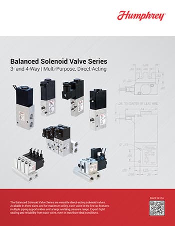 Humphrey Balanced Solenoid Valve Series brochure cover showing 3- and 4-way direct-acting solenoid valves in multiple sizes