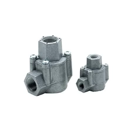 Two sizes of metal quick exhaust valves with threaded ports, shown side by side on white background