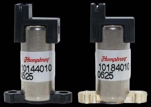 Two Humphrey iDP101 10mm miniature solenoid valves shown side by side, one with black base and one with brass base.