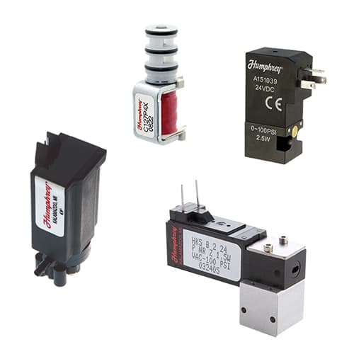 Miniature 2-Way and 3-Way Solenoid Valves Group Four Humphrey miniature pneumatic solenoid valves including 2-way and 3-way configurations in various compact body styles