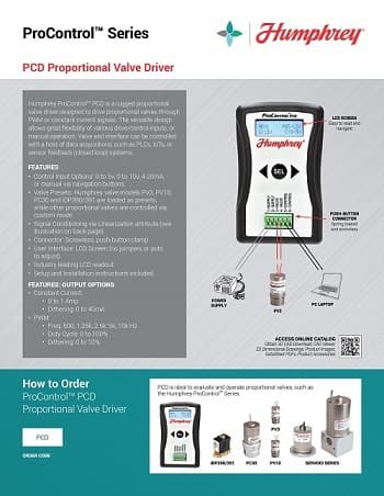 ProControlPCD Proportional Valve Driver Brochure Humphrey ProControl PCD Proportional Valve Driver product brochure showing device, features, and ordering information