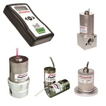 Proportional Solenoid Valves and PDC Driver Humphrey proportional solenoid valve family including controller, inline valve, and multiple ProControl valve sizes