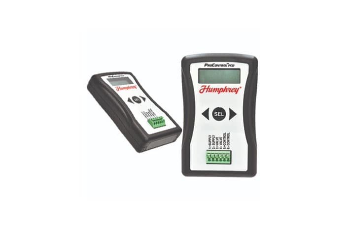 Proportional Valve Driver Humphrey ProControl PCD proportional valve driver controller with LCD display, select button, and green terminal connectors, shown from two angles