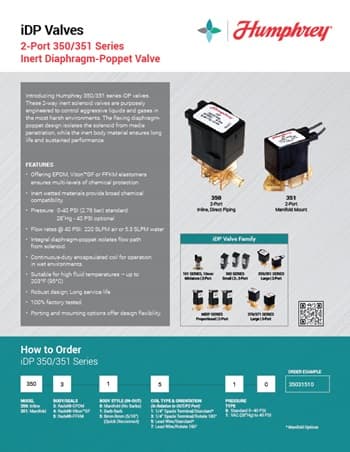 iDP Aggressive Media 350 Series 2-port Brochure Humphrey iDP 350/351 Series 2-port inert diaphragm-poppet solenoid valve product brochure cover with ordering guide