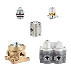 Diaphragm-Poppet Remote Air Piloted Valve Group Photo Five Humphrey diaphragm-poppet valves in various sizes and materials including brass and aluminum body configurations.