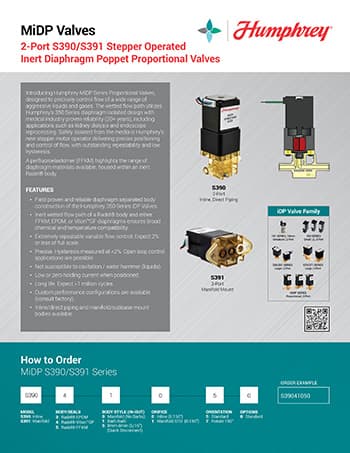 Humphrey MiDP 2-Port S390/S391 stepper operated inert diaphragm poppet proportional valves product sheet.