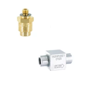 Humphrey brass and aluminum C125 inline check valves showing compact body designs with flow direction arrow marking