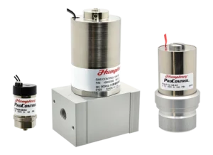 Humphrey solenoid valves, large aluminum-bodied and compact bodied models side by side