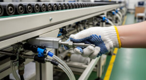 Gloved technician connecting a pneumatic fitting to a valve assembly on an industrial conveyor line