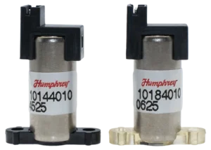10mm iDP 101 Valve Black Two Humphrey iDP 101 10mm proportional valve models shown side by side, one with a black base and one with a translucent base