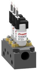 10mm iDP 101 Valve Manifold Three Humphrey iDP 101 10mm direct-acting proportional valves with wire leads mounted on a multi-station manifold block