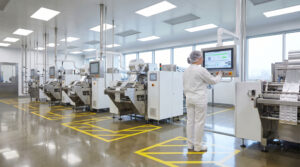 Worker in a white cleanroom suit and hairnet using a touchscreen control panel